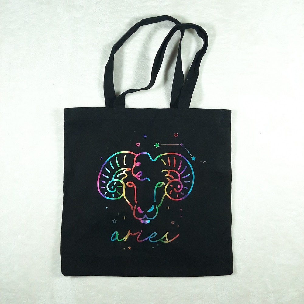 Aries Zodiac Shiny Colorful Black Canvas Reusable Shopping Tote Bag Sugar & Jade